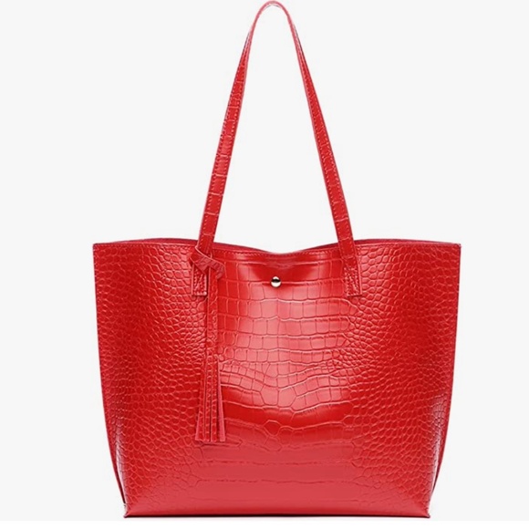 Red Soft Faux Leather Tote Shoulder Bag,  Big Capacity Tassel Handbag, Red bag - Picture 1 of 7